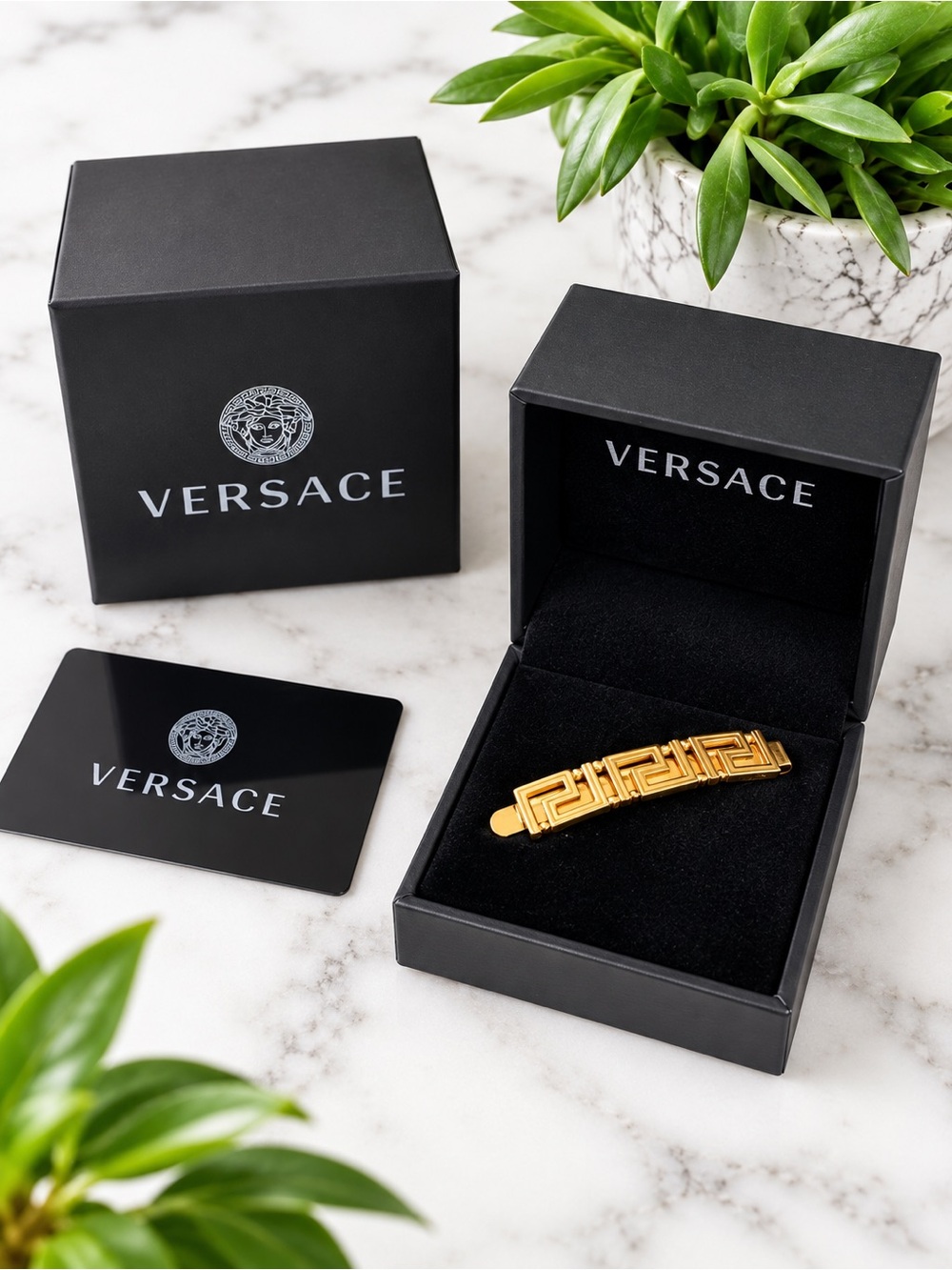 VERSACE - Greca Link Barrette Hair Clip Gold Tone Made in Italy + Box